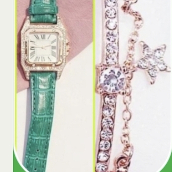 Watch & Rhinestone Bracelet Set~Green Band~New - Picture 4 of 10